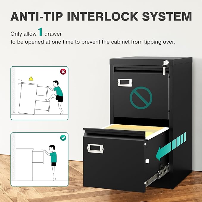 SISESOL 2 Drawer File Cabinet with Lock and Tag,Narrow Two Drawer Filing Cabinet,Vertical Metal File Cabinets,Small Filing Cabinets for Home Office Fit Letter/A4/Legal Size File,Easy Assembly
