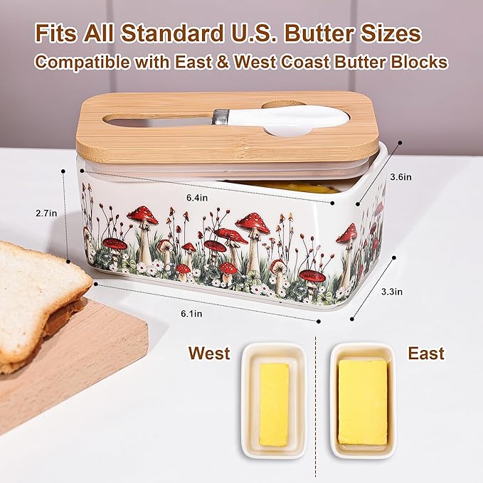Fungi Fun Ceramic Mushroom Butter Dish with Lid and Knife, Cute Butter Dish for Countertop and Fridge, Ceramic Container for Countertop with Lid and Selicon Seal, Ideal for Mushroom Kitchen Decor