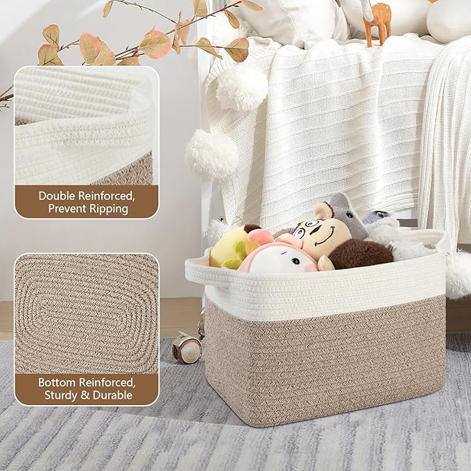 Storage Basket for Organizing, Woven Baskets for Storage, Rectangle Decorative Baskets for Shleves, Closet, Toys, Books, Nursery Organizer Bins - Pack of 3 (Brown & White, 13"x9.85"x8.7")