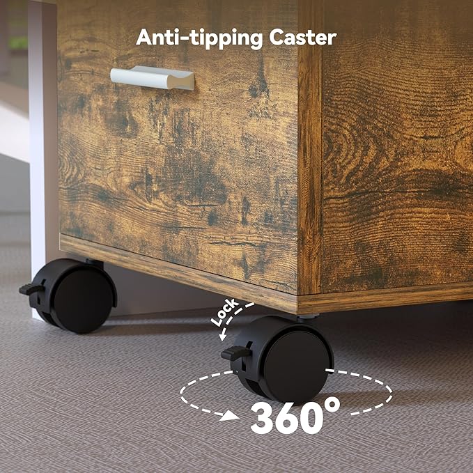 3-Drawer Mobile File Cabinet,Rustic Brown Finish with Locking Casters,Fully Assembled Storage Cabinet with Drawers for Office & Home,18.9" L x 15.75" W x 22.05" H,220 lbs Capacity