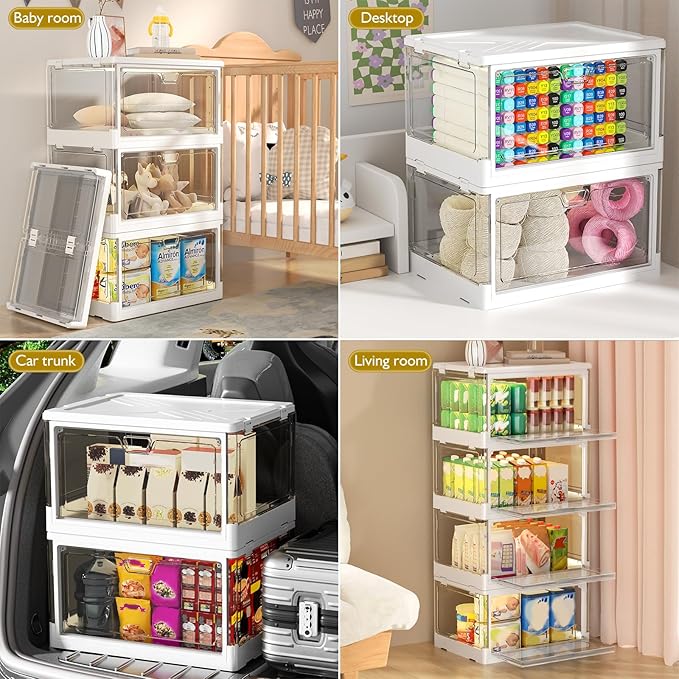 Clear Storage Bin with Lid 3 Pack 【Stackable & Sturdy】 Plastic Multifunctional Folding Storage Bins for Bedroom, Living Room, Study,Room, 23 QT Folding Box with Magnetic Door