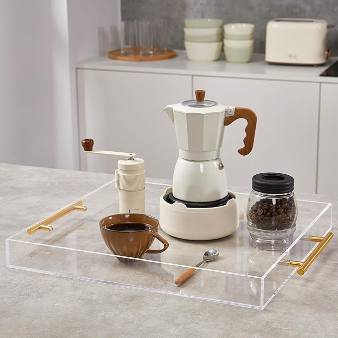 Large Clear Acrylic Serving Tray (14×18 Inches) with Gold Handles Spill Proof Acrylic Decorative Tray Organiser for Ottoman Coffee Table Countertop