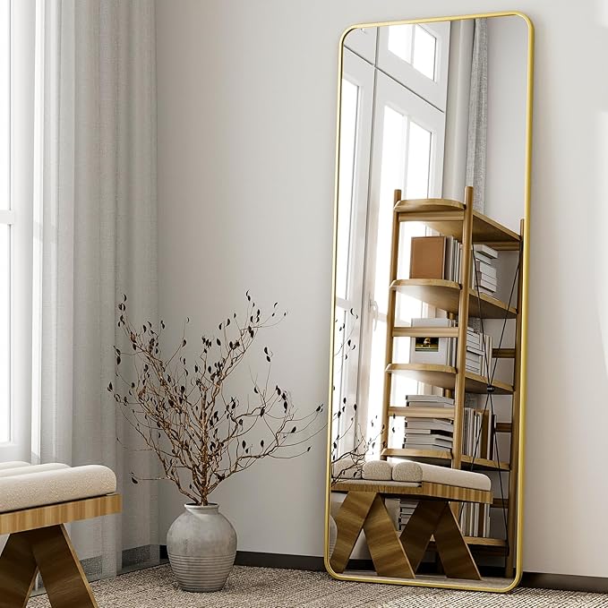 HARRITPURE 56" x 21" Rounded Full Length Mirror Aluminum Frame Gold Mirror Full Length Floor Mirror with Stand for Living Room Bedroom Cloakroom