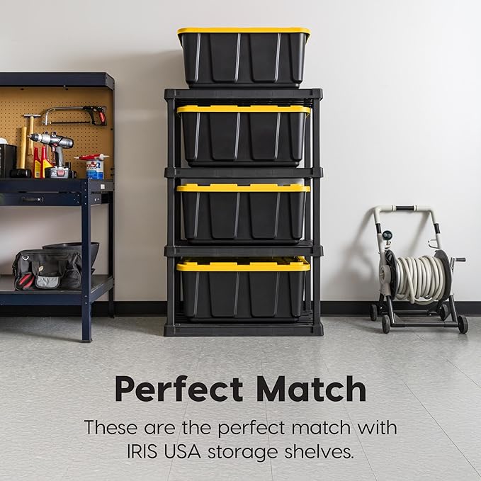 IRIS USA 27 Gallon Heavy Duty Truck Bed Toolbox Storage Tote Bins with Lids, 4 Pack - Made in USA, Tough Snap On Lockable Lid Stackable Industrial Tubs, Garage Organization Reusable Box - Black/Yellow