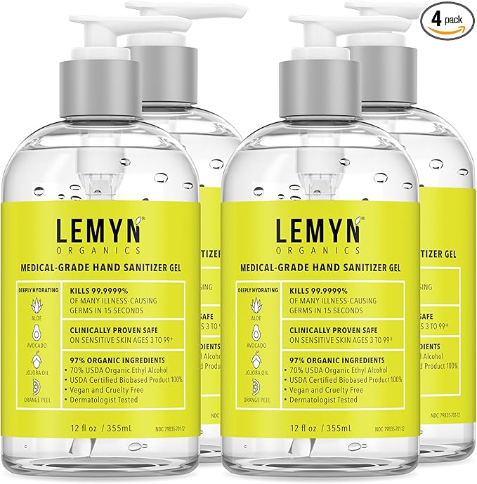 Medical Grade Hand Sanitizer Gel - 97% ORGANIC - 12 FL.OZ. (PACK OF 4)