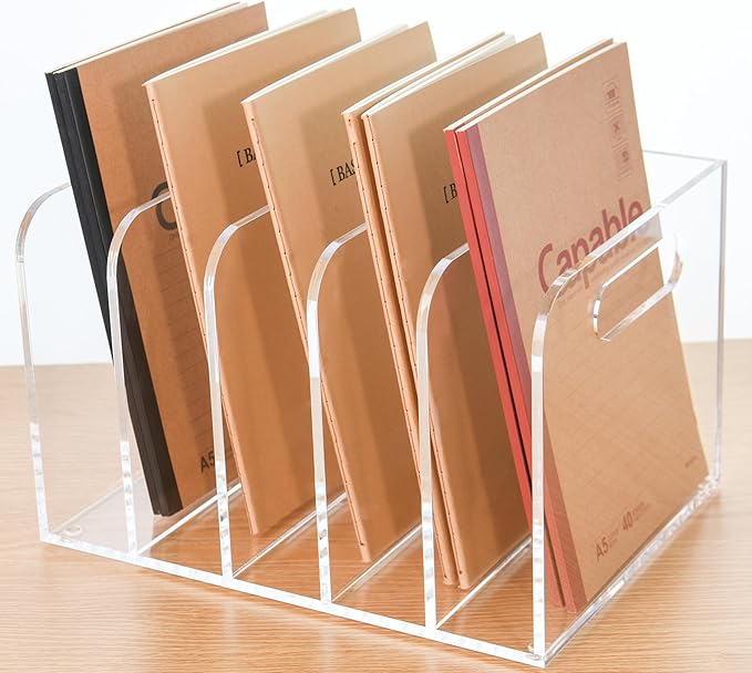 Clear Acrylic Organizers - 5 Vertical Compartments Acrylic Folder Organizer & File Organizer, Desk Document Storage Bins for Magazines, Binders - Multipurpose Home Office Desk Organizer