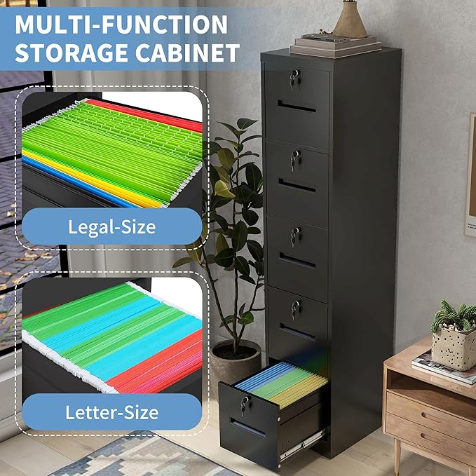 5 Drawer File Cabinet with 5 Locks, Metal Filing Cabinet Heavy Duty Vertical File Cabinets for Home Office, Steel File Storage Cabinets for Letter/Legal File Folders, Assembly Required (Black)