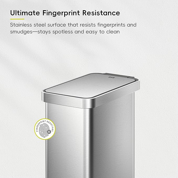 EKO Hudson Slim 50L / 13.2 Gallon Kitchen Trash Can with Lid, Stainless Steel Step Garbage Can for Kitchen or Home, Space-Saving Garbage Can with Soft Close Lid, Stay-Open, Liner Ring, Handle