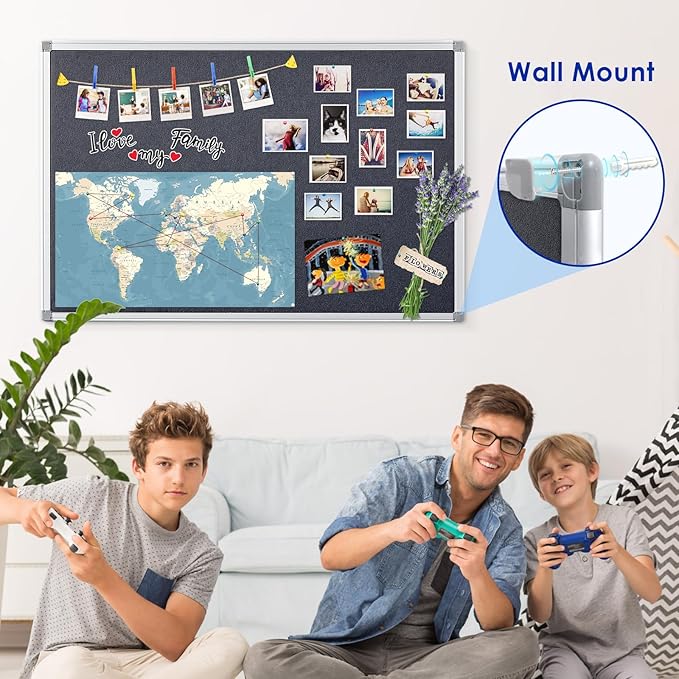 Fabric Notice Pin Board Bulletin Board for Home Office Classroom,Wall-Mount,Black Felt,36x24inches
