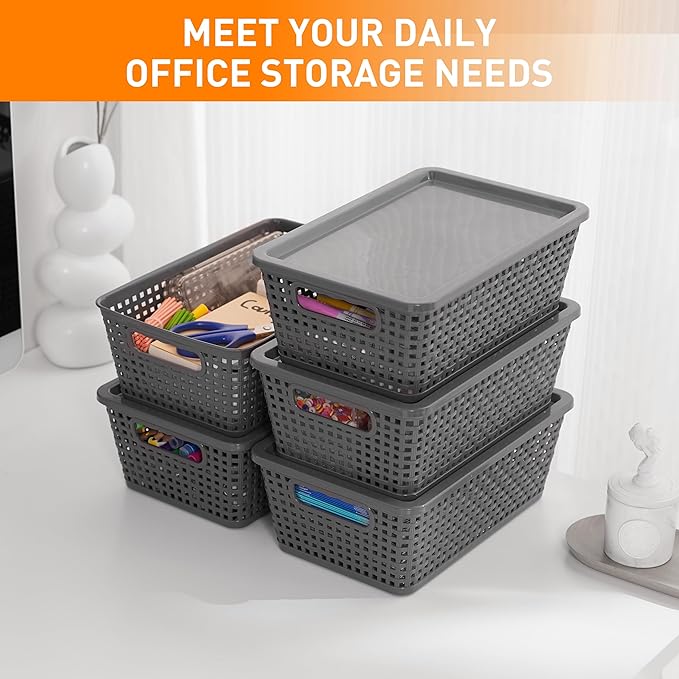 Plastic Storage Baskets With Lid, Storage Bins for Organizing, Stackable Decorative Containers for Shelves Drawers Desktop Closet Playroom Classroom Office, 8 Pack-Grey