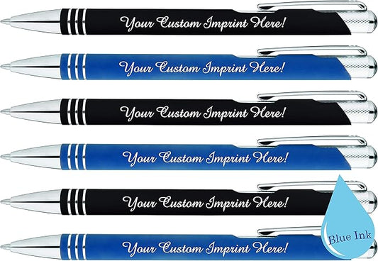 ExpressDesigns™ - Blue Ink Personalized Pens Rubberized - The Cameron - Custom Printed Name Pens - Imprinted with Logo or Message - Includes Personalization - 6 Pack (Assorted)