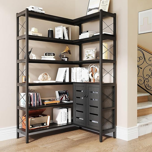6-Shelf Corner Bookshelf, Vintage Industrial Corner Shelf Etagere Bookcase, Large Book Shelf with Metal Frame Open Storage Corner Cabinet (Black-Lockers)