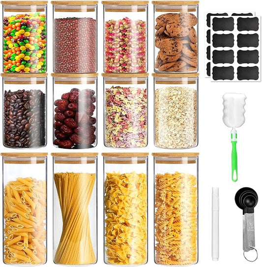 Glass Jars with Bamboo Lids Set of 12,Glass Storage Containers with Airtight Lids Storage Jars Food Storage Containers for Pasta,Flour,Cereal,Sugar,Cookie