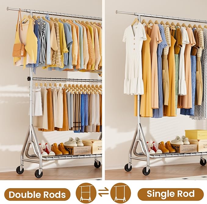Heavy Duty Clothes Rack for Hanging Clothes, Double Rods Clothing Rack with Lockable Wheels, Rolling Garment Racks with Shelf, Easy to Assemble, Silver