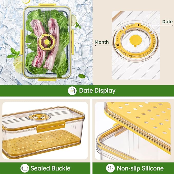 CottonColors Fridge Organizer, Food Storage Containers With Lids for Timer & Drain Board Stackable Refrigerator Organizers and Storage(Tall & Large, Small, 4.5 L + 2 L, 2 Pack)