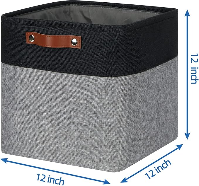 Temary Storage Baskets 12x12 Fabric Cube Storage Bins, 4 Pack Large Baskets with Handles, Baskets for Organizing Towels, Blankets, Collapsible Storage Basket (Black&Gray)