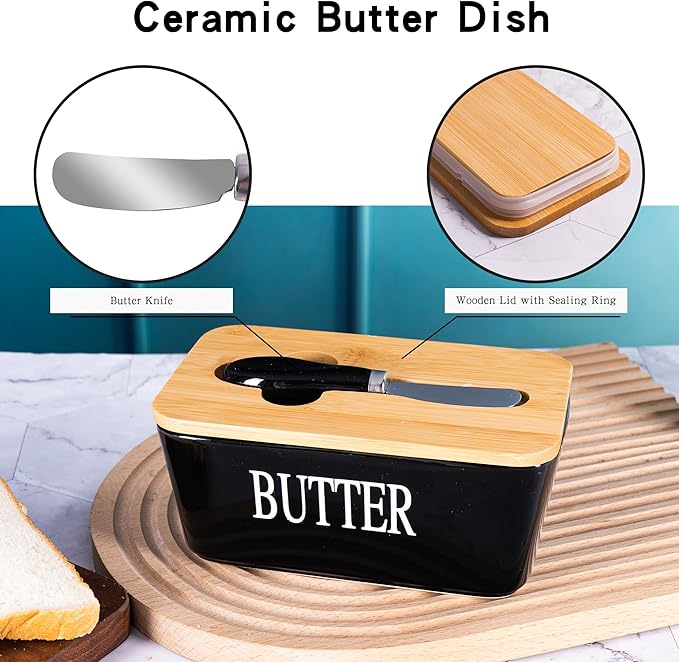 Black Butter Dish with Lid for Countertop, Large Ceramic Covered Butter Stick Holder Container for Fridge