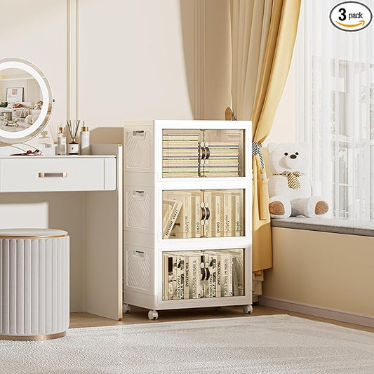 148 QT / 37 Gal Rolling Foldable Storage Cabinet with Stackable Feature - Double Magnetic Doors, Leather Handles, Durable Plastic for Closet/Office, Easy Assembly & Move