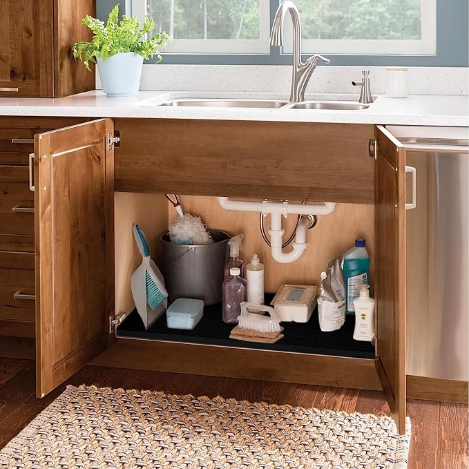 Under Sink Mat for Kitchen, Silicone Waterproof Liner, Flexible Organizer Tray with Drain Hole, 3.3 Gallons Capacity, Easy to Clean (Black, 34x22)