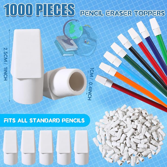 Crtiin 1000 Pcs Pencil Top Erasers Bulk Caps for Pencils Chisel Shape Erasers Toppers Classroom Party Favors Games Prizes Funny Pencil Eraser Cap for Kids Studying Supplies Home Office(White)