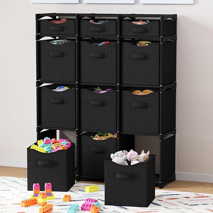 12 Cube Closet Organizers And Storage | Includes All Storage Cube Bins | Easy To Assemble Closet Storage Unit With Drawers | Room Organizer For Clothes, Baby Closet Bedroom, Playroom, Dorm (Black)