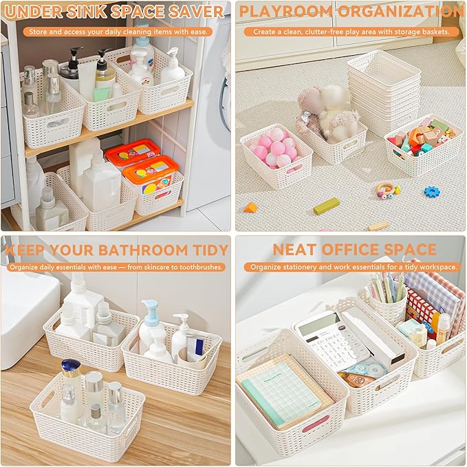 12 Pack Plastic Storage Baskets for Organizing, Storage Baskets for Shelves with Handles, Plastic Storage Bins with Labels, Organizer Baskets for Office, Pantry Organizers and Storage,Cabinet,Closet