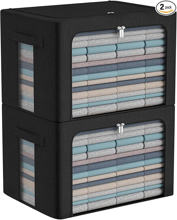 CYhom Extra Large Clothes Storage Bins Box - Linen Fabric Foldable Stackable Container Organizer Set with Clear Window & Carry Handles & Metal Frame (Black, Extra Large-100L)
