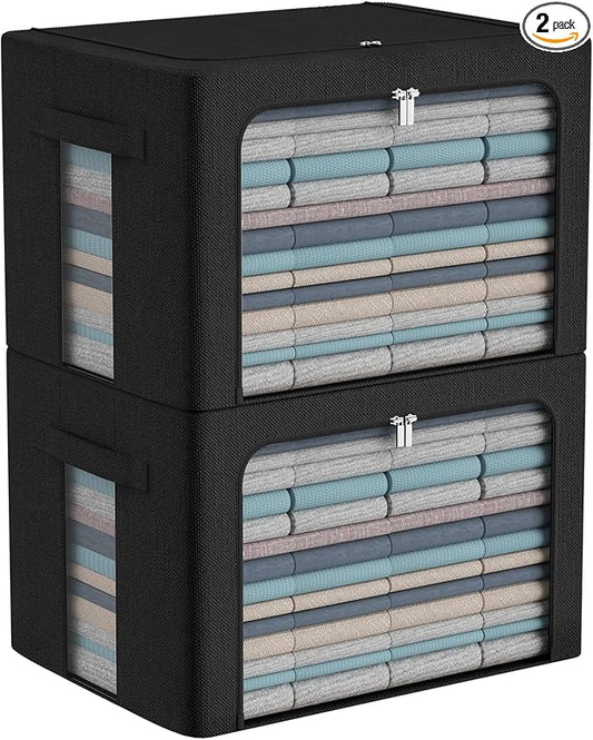 CYhom Extra Large Clothes Storage Bins Box - Linen Fabric Foldable Stackable Container Organizer Set with Clear Window & Carry Handles & Metal Frame (Black, Extra Large-100L)