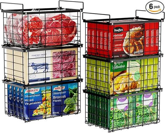 iSPECLE Freezer Organizer - 6 Pack Large Freezer Organizer Bins for 5 to 7 Cu.Ft Chest Freezer, Stackable Easy Access Food No More Digging, Sturdy Metal Wire Basket Not Scratch Bottom, Black