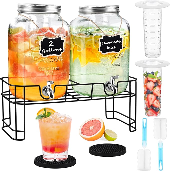 TURSTIN 2 Pcs 2 Gallon Glass Beverage Drink Dispenser with Stand Dual Beverage Dispensers with Ice Cylinder Steel Spigot Hanging Chalkboard Signs Drip Trays Drink Juice Dispenser with Lids for Parties