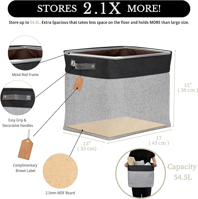 DECOMOMO Extra Large Storage Baskets, 54.5L Fabric Storage Bins for Organizing Linen Closet, Nursery (Grey & Black, XXXL - 3 pack)