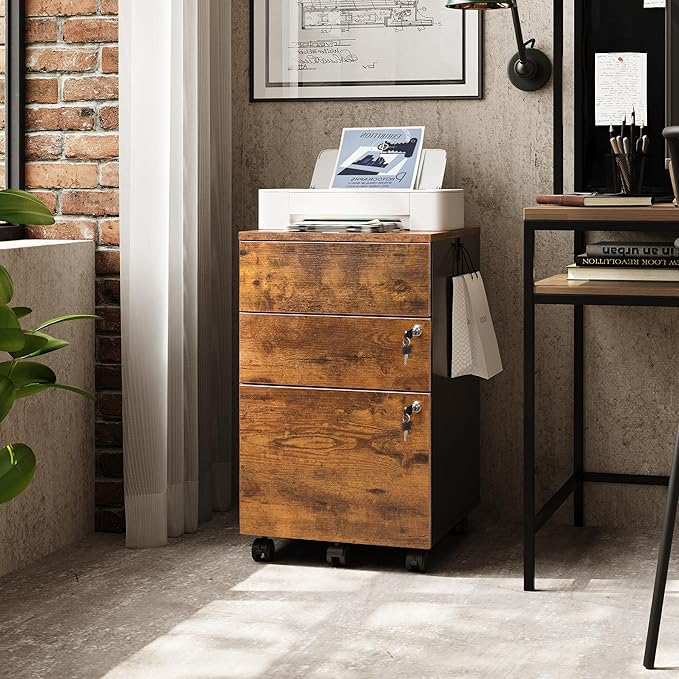 DEVAISE 3 Drawer Rolling File Cabinet with Lock, Wood Under Desk Filing Cabinet fits Letter/Legal/A4 Size for Home Office, Rustic Brown