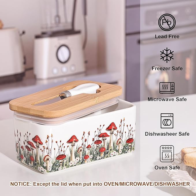 Fungi Fun Ceramic Mushroom Butter Dish with Lid and Knife, Cute Butter Dish for Countertop and Fridge, Ceramic Container for Countertop with Lid and Selicon Seal, Ideal for Mushroom Kitchen Decor