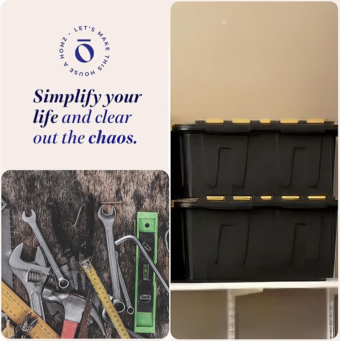 HOMZ 4-Pack Durabilt Tote, Heavy Duty Plastic Storage Bins with Lids, 34 Gallon, Black/Yellow - Stackable Organizing Containers for Home, Garage, and Office