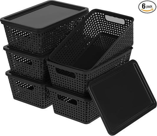 Plastic Storage Baskets With Lid, Storage Bins for Organizing, Stackable Decorative Containers for Shelves Drawers Desktop Closet Playroom Classroom Office, 6 Pack-Black