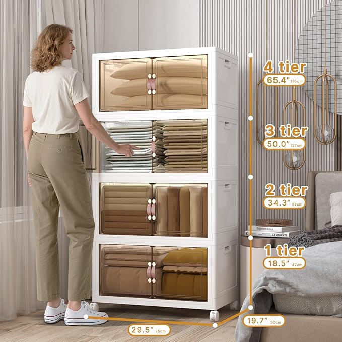 Extra Large Stackable Storage Bins with Lids & Wheels, Foldable Collapsible Closet Organizers Storage Cabinet with Doors for Bedroom Dorm (White, 672QT-168QT/42GAL*4Pack)