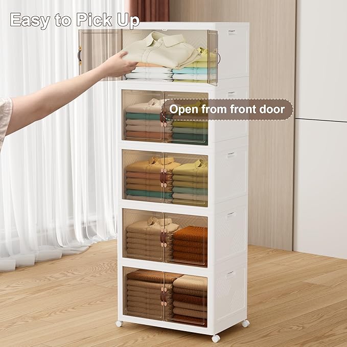 JOYMOOP Folding Storage Bins, 420 Quart Collapsible Storage Boxes with Wheels and Door, Stackble Plastic Storage Container for Clothing, Books and Sundries (XXL, 21 Gal Per, 5 Tiers)