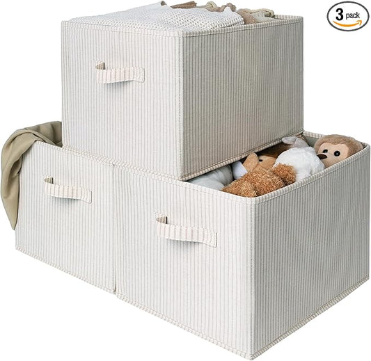 StorageWorks Storage Baskets for Shelves, Foldable Fabric Closet Storage Bins with Handles, Fabric Storage Bins Clothes Organizer, Beige Stripes, 3-Pack, Extra Large