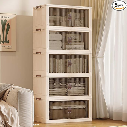 SAILUN 145Gal/580Qt Stackable Storage Bins Folding Collapsible Storage Bins with Lid, Closet Organizers and Storage Box with Door Beige 26" W x 17" D x 71" H