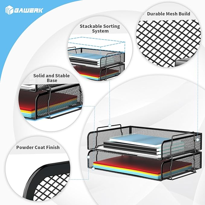 2 Tier Stackable Letter Tray, Metal Mesh File Storage Desktop Organizer for Home Office, Black