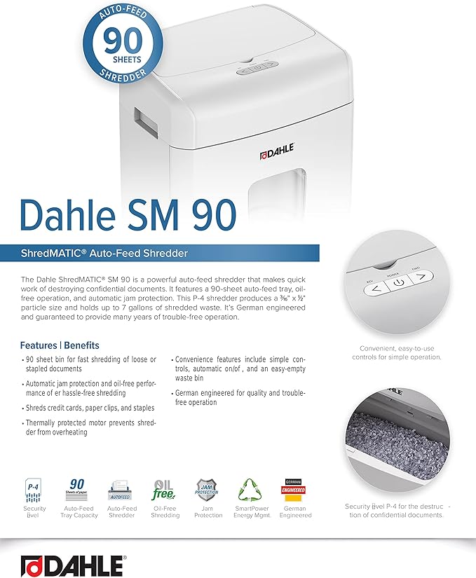 Dahle ShredMATIC SM 90 Auto-Feed Paper Shredder, Cross Cut, 90 Sheet Feed Tray, German Engineered, Jam Protection, Oil Free, SmartPower, P-4 Security, Shreds Staples/Paper Clips/Credit Cards