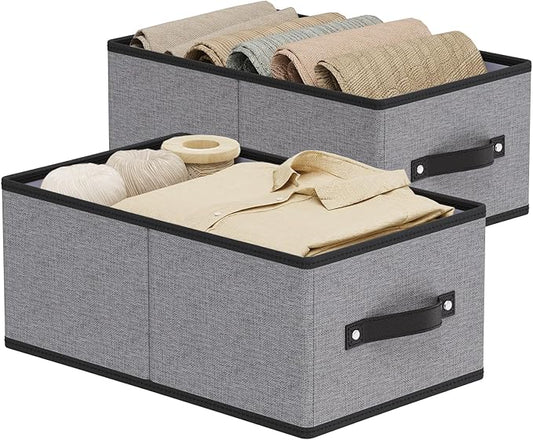 Foldable Clothing Storage Baskets, 16.1 × 9.8 × 6.5 Inch Drawer Organizers with Handles, Storage Bins for Shelves, Gray, Large, 2-Pack