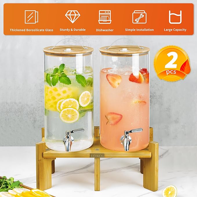 L'ÉPICÉA 1.5 Gallon Drink Dispenser for Parties 2 PCS, Beverage Dispenser Set of 2, Glass Drink Dispensers with Wood Stand, Large Drink Dispenser with Stainless Steel Spigot 100% Leakproof, Wood Lid.