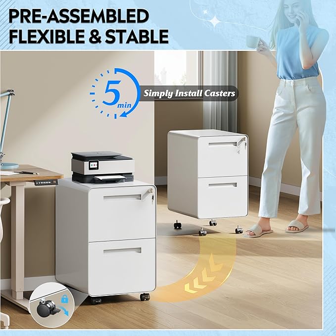 DEVAISE 2-Drawer File Cabinet with Lock, 0.7mm Thick Steel Mobile Filing Cabinet for Home Office, Under Desk Storage Organizer with Rounded Corners, Fully Assembled, 20" D x 15.8" W x 25" H, White