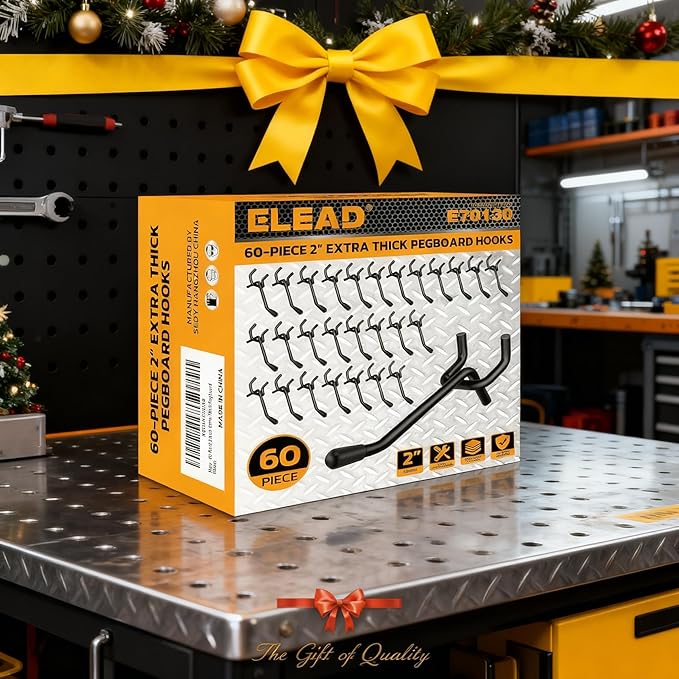 ELEAD 60-Piece 2 Inch Extra Thick Pegboard Hooks, Heavy Duty Peg Board Organizer Accessories, Peg Board Tool Hangers Fit for 1/4" Pegboard Hanging Tools Garage, Workshop, and Craft Storage
