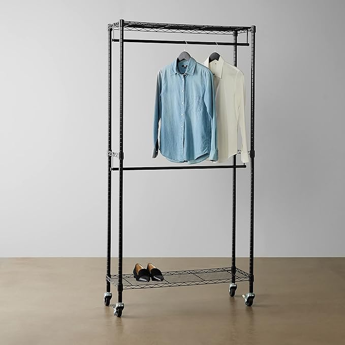Amazon Basics Adjustable, Double Hanging Rod Garment Rolling Closet Organizer Rack with Wheels, Heavy Duty, Black, 36'' x 14'' x 72'', WI-GAR1436B