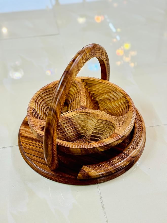 Handmade 12″ Collapsible Wooden Basket, 3-Compartment Angel Wings Design in Himalayan Rosewood, Fruit Basket, Bread Bowl & Trivet, Folds Flat for Easy Storage – Unique Centerpiece & Gift