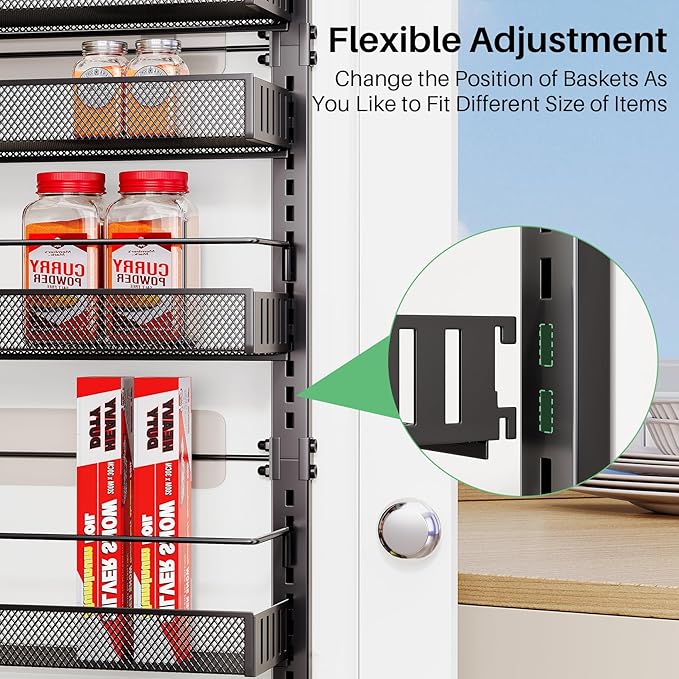 SNTD Over the Door Pantry Organizer - 8 Tier Adjustable Pantry Door Spice Organizer, Large Capacity Hanging Door Spice Rack for Kitchen Pantry Organizers and Storage (Black, 17" W x 6" D x 69" H)