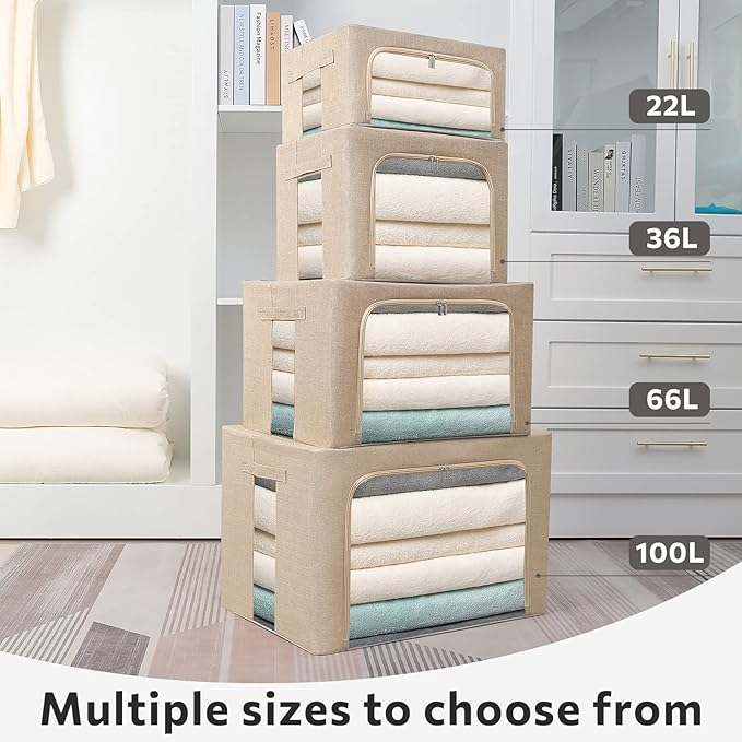 FHSQX 2 Pack Clear Window Storage Bins Foldable Fabric Storage Bins Boxes for Clothes Stackable Box Organizer Set with Carrying Handles (Beige, 22L,15.7x 11.8x 7.8 Inch)