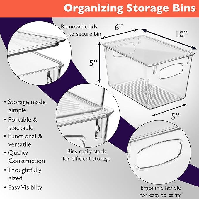 CLEARSPACE Plastic Pantry Organization and Storage Bins with Lids - Perfect Kitchen Organization or Kitchen Storage - Fridge Organizer, Refrigerator Organizer Bins, Cabinet Organizers